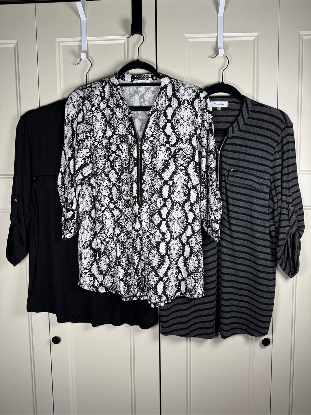 Trio- Calvin Klein Zip-Up Rolled Sleeve Shirts Black, Gray & Black, Snake Print